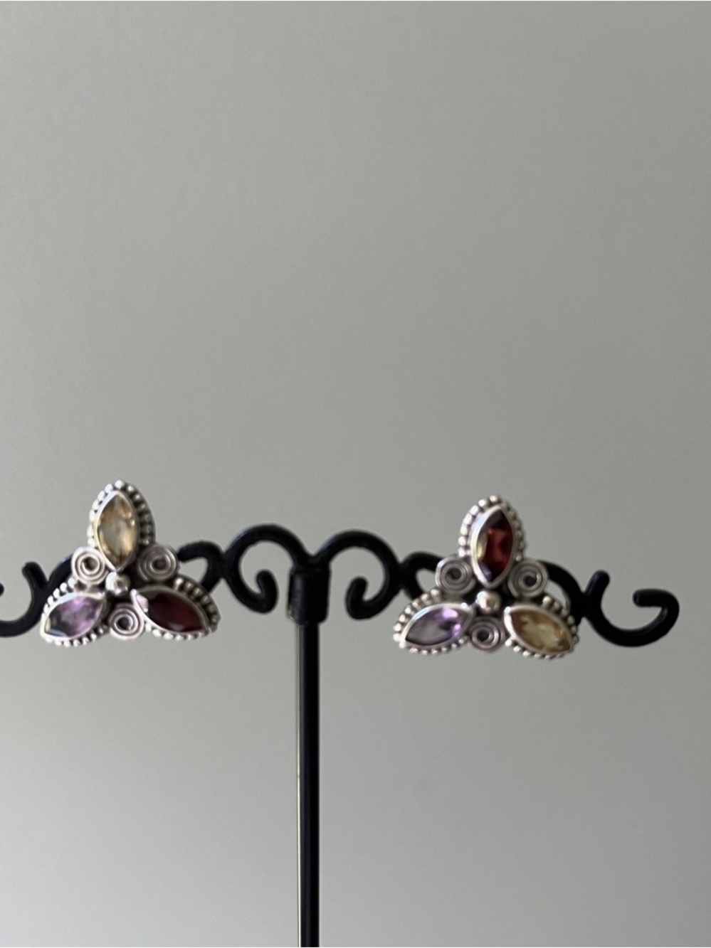 Sterling Silver Multistone Leaf Cluster Earrings - Purple, Red, Yellow